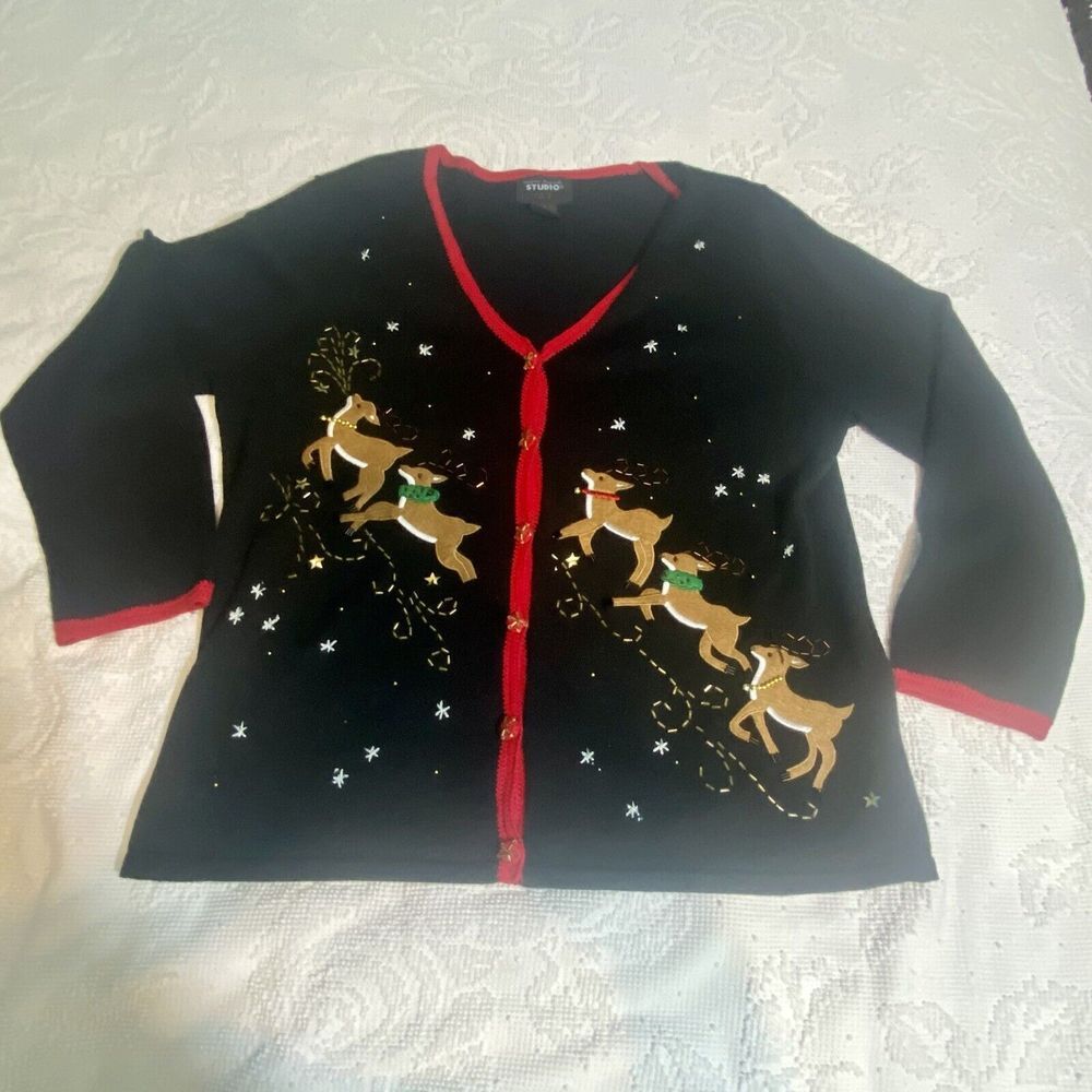 Designers Original Studio Christmas Sweater Reindeer Sz XL Beaded Buttons‎ Black